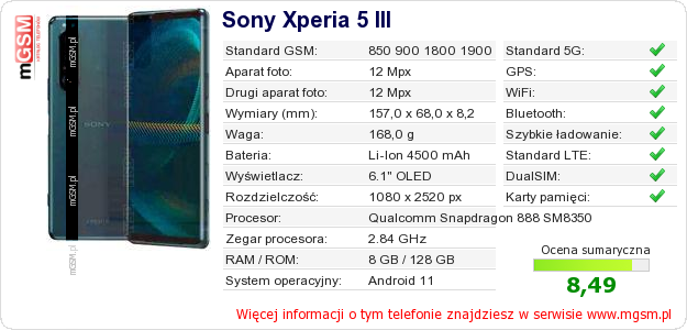 Dane telefonu Sony Xperia 5 III