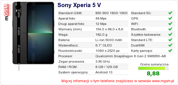 Dane telefonu Sony Xperia 5 V Dane telefonu Sony Xperia 5 V