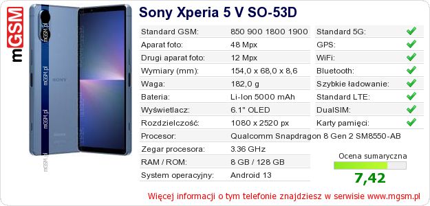Dane telefonu Sony Xperia 5 V SO-53D Dane telefonu Sony Xperia 5 V SO-53D