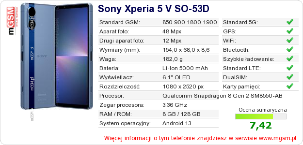Dane telefonu Sony Xperia 5 V SO-53D