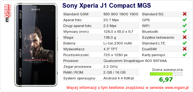 Dane telefonu Sony Xperia J1 Compact MGS Dane telefonu Sony Xperia J1 Compact MGS