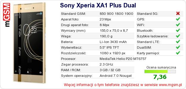 Dane telefonu Sony Xperia XA1 Plus Dual