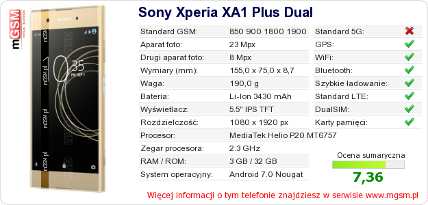 Dane telefonu Sony Xperia XA1 Plus Dual