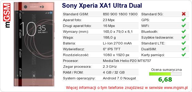 Dane telefonu Sony Xperia XA1 Ultra Dual