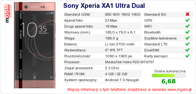 Dane telefonu Sony Xperia XA1 Ultra Dual