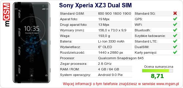 Dane telefonu Sony Xperia XZ3 Dual SIM Dane telefonu Sony Xperia XZ3 Dual SIM
