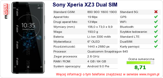 Dane telefonu Sony Xperia XZ3 Dual SIM