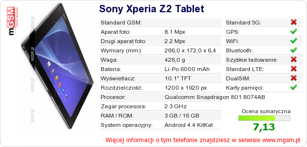 Dane telefonu Sony Xperia Z2 Tablet Dane telefonu Sony Xperia Z2 Tablet