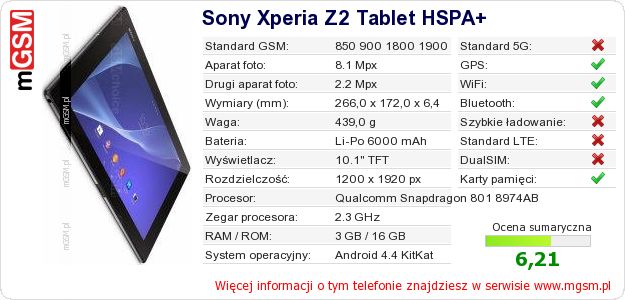 Dane telefonu Sony Xperia Z2 Tablet HSPA+