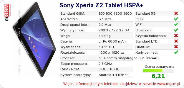 Dane telefonu Sony Xperia Z2 Tablet HSPA+