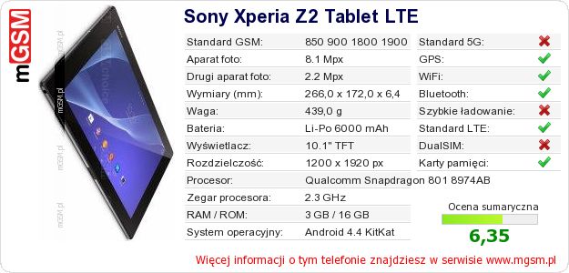 Dane telefonu Sony Xperia Z2 Tablet LTE