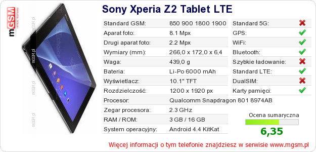 Dane telefonu Sony Xperia Z2 Tablet LTE Dane telefonu Sony Xperia Z2 Tablet LTE