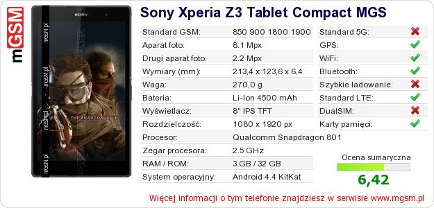 Dane telefonu Sony Xperia Z3 Tablet Compact MGS Dane telefonu Sony Xperia Z3 Tablet Compact MGS