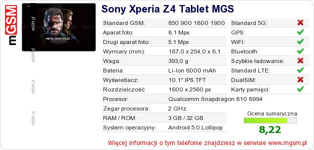 Dane telefonu Sony Xperia Z4 Tablet MGS