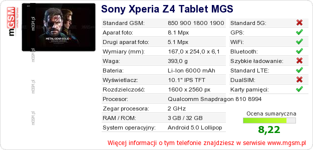 Dane telefonu Sony Xperia Z4 Tablet MGS