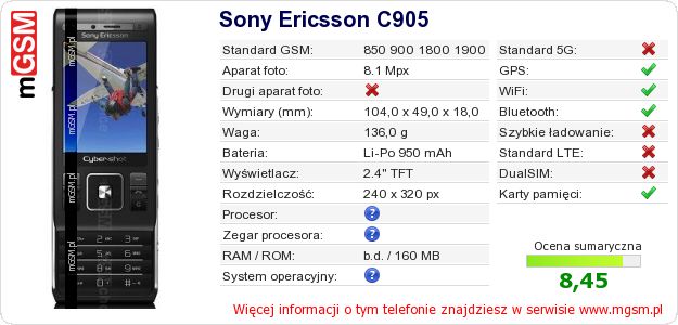 Dane telefonu Sony Ericsson C905