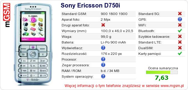 Dane telefonu Sony Ericsson D750i Dane telefonu Sony Ericsson D750i