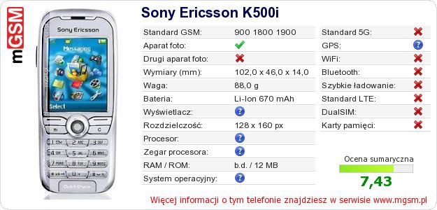 Dane telefonu Sony Ericsson K500i Dane telefonu Sony Ericsson K500i