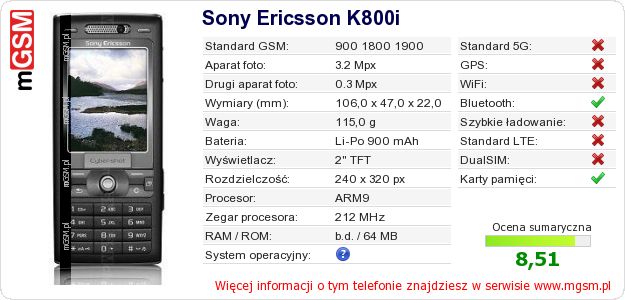 Dane telefonu Sony Ericsson K800i Dane telefonu Sony Ericsson K800i