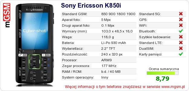Dane telefonu Sony Ericsson K850i