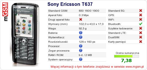 Dane telefonu Sony Ericsson T637 Dane telefonu Sony Ericsson T637