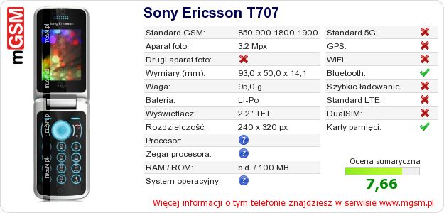Dane telefonu Sony Ericsson T707
