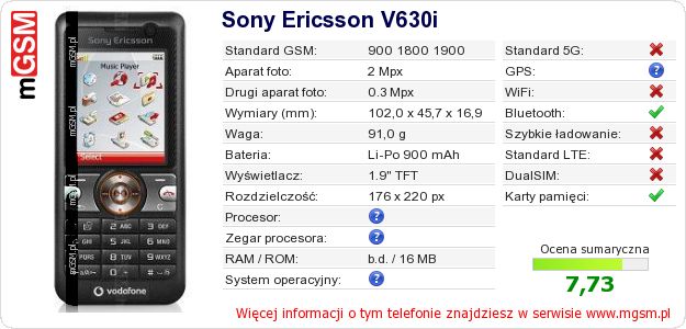 Dane telefonu Sony Ericsson V630i Dane telefonu Sony Ericsson V630i