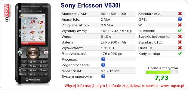 Dane telefonu Sony Ericsson V630i Dane telefonu Sony Ericsson V630i