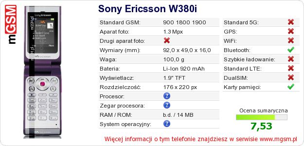 Dane telefonu Sony Ericsson W380i Dane telefonu Sony Ericsson W380i