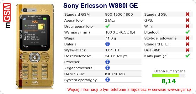 Dane telefonu Sony Ericsson W880i GE