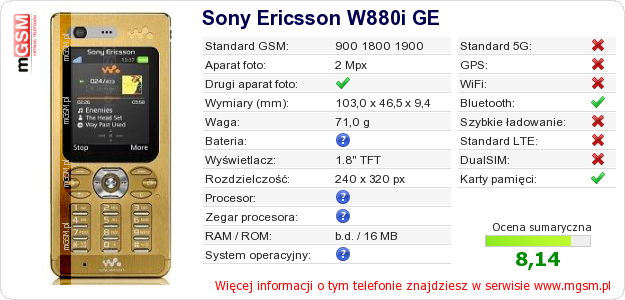 Dane telefonu Sony Ericsson W880i GE