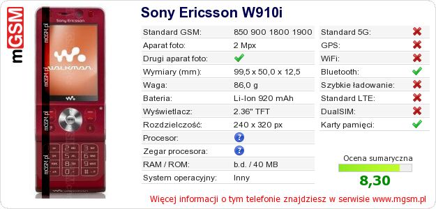 Dane telefonu Sony Ericsson W910i Dane telefonu Sony Ericsson W910i