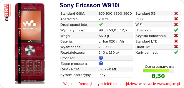Dane telefonu Sony Ericsson W910i