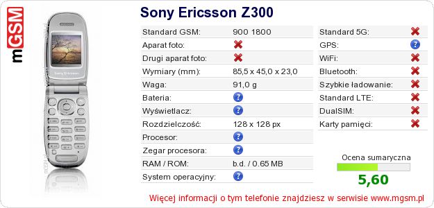 Dane telefonu Sony Ericsson Z300 Dane telefonu Sony Ericsson Z300