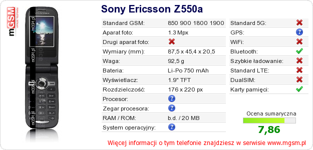 Dane telefonu Sony Ericsson Z550a