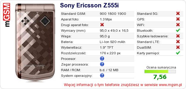 Dane telefonu Sony Ericsson Z555i