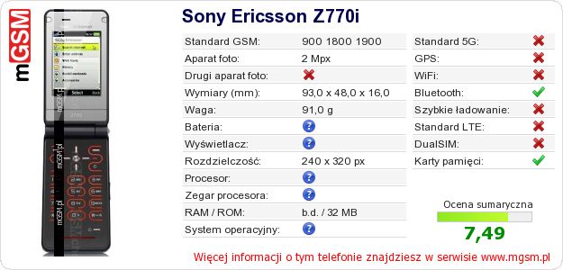 Dane telefonu Sony Ericsson Z770i