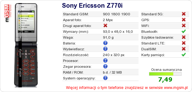 Dane telefonu Sony Ericsson Z770i Dane telefonu Sony Ericsson Z770i