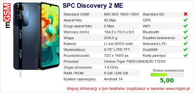 Dane telefonu SPC Discovery 2 ME