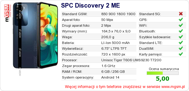 Dane telefonu SPC Discovery 2 ME Dane telefonu SPC Discovery 2 ME