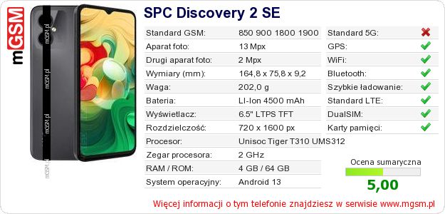 Dane telefonu SPC Discovery 2 SE Dane telefonu SPC Discovery 2 SE