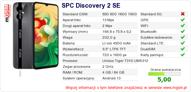 Dane telefonu SPC Discovery 2 SE