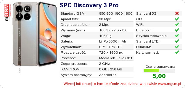 Dane telefonu SPC Discovery 3 Pro