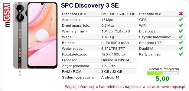 Dane telefonu SPC Discovery 3 SE