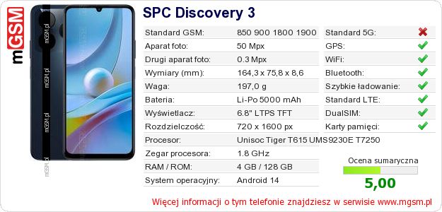 Dane telefonu SPC Discovery 3