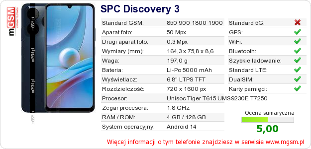 Dane telefonu SPC Discovery 3