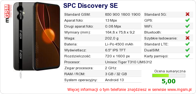Dane telefonu SPC Discovery SE Dane telefonu SPC Discovery SE