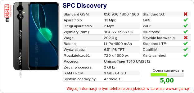 Dane telefonu SPC Discovery