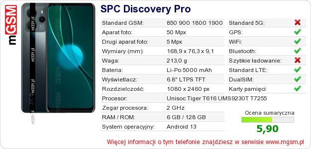 Dane telefonu SPC Discovery Pro