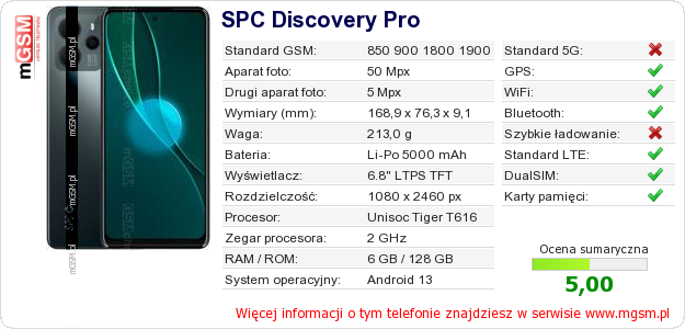 Dane telefonu SPC Discovery Pro